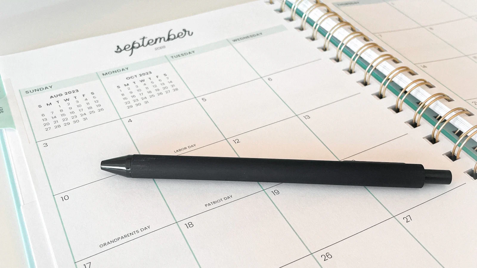 Black pen resting on an open monthly calendar planner